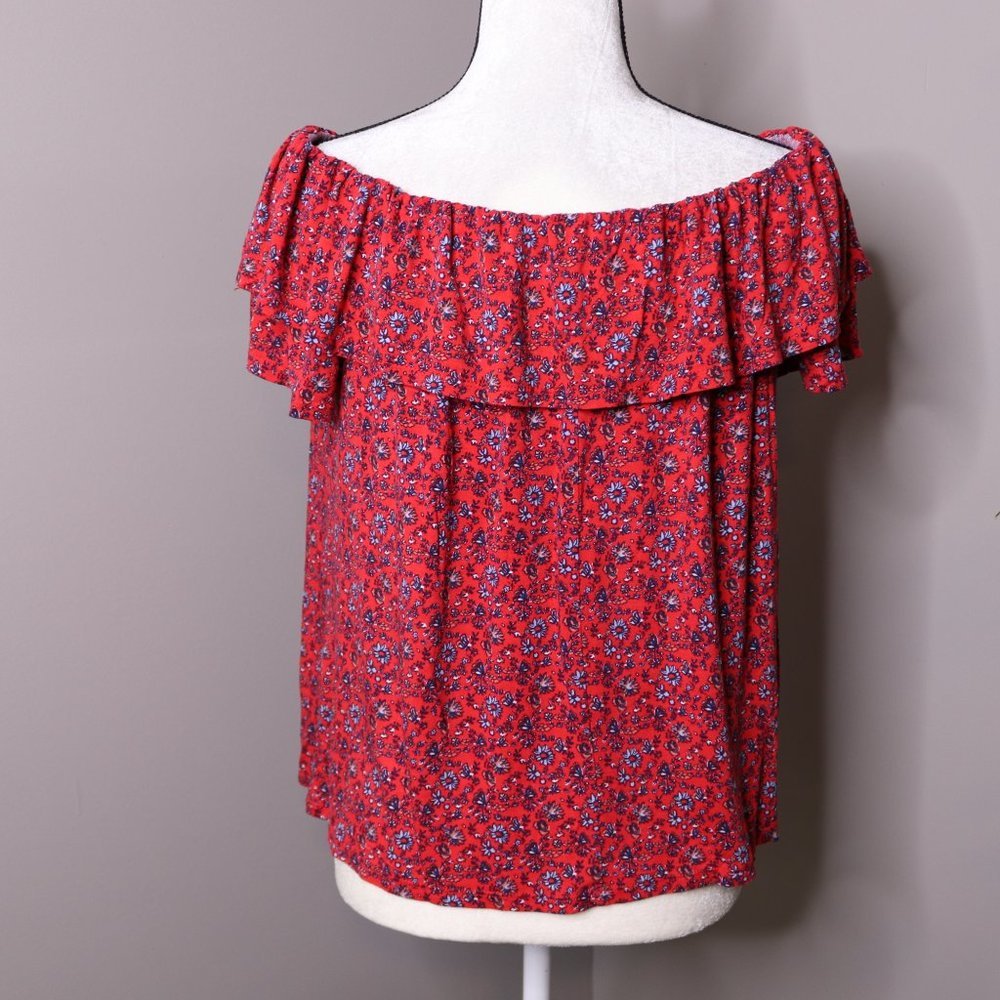 Off-Shoulder Red Floral Ruffle Top - Picture 5 of 7